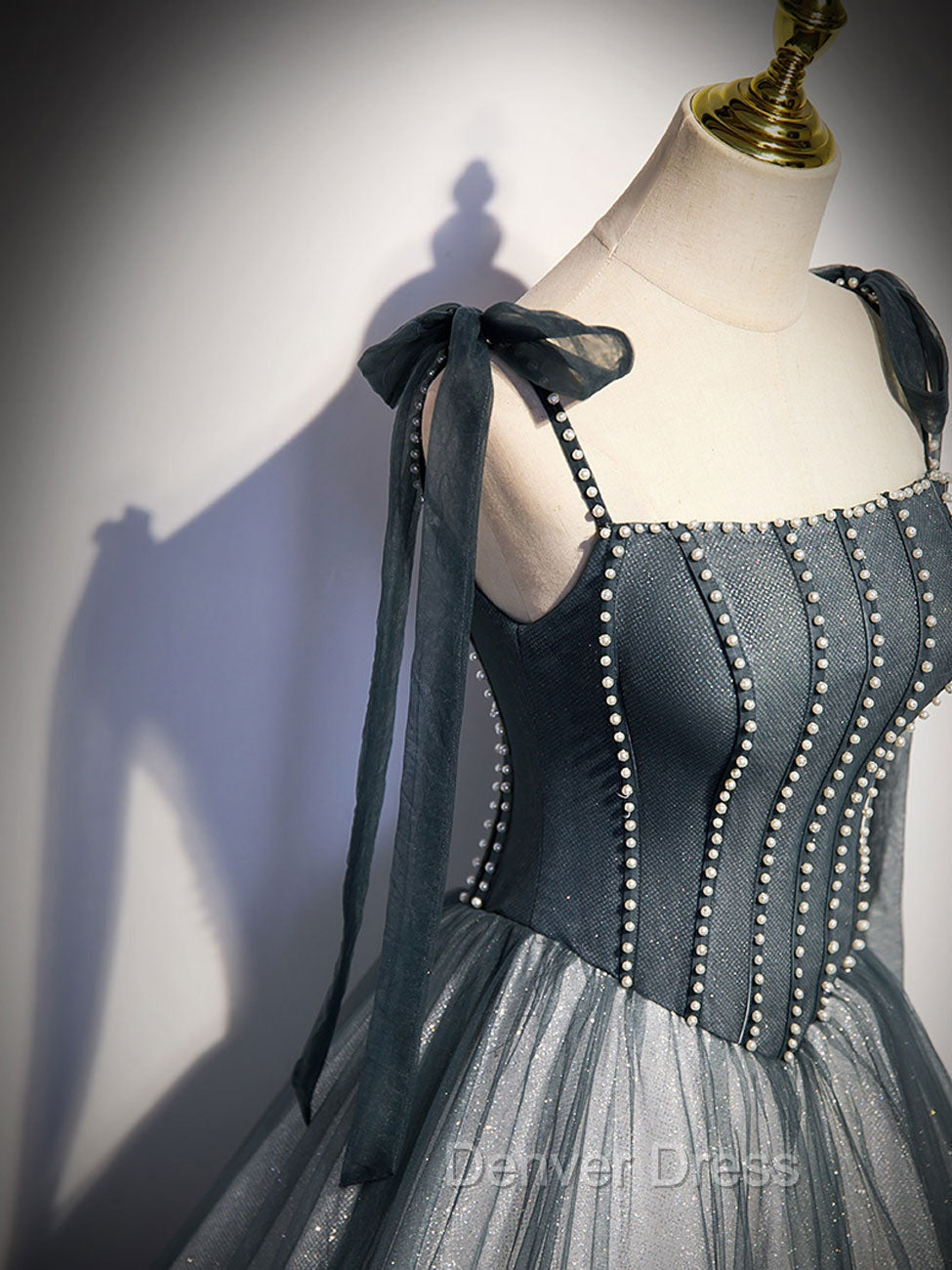 A Line Gray Long Prom Dresses, Tulle Gray Formal Graduation Dresses with Beading