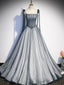 A Line Gray Long Prom Dresses, Tulle Gray Formal Graduation Dresses with Beading