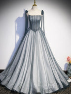 A Line Gray Long Prom Dress, Tulle Gray Prom Graduation Dresses with Beading