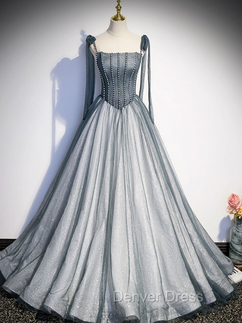A Line Gray Long Prom Dress, Tulle Gray Prom Graduation Dresses with Beading