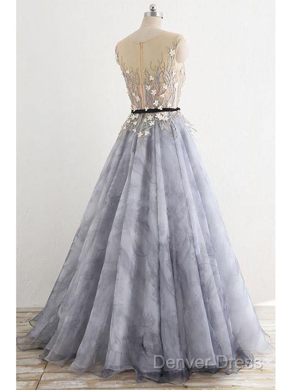 A-Line Gray Rround Neck Tulle Long Prom Dresses Grey Evening Dresses, Secondary image