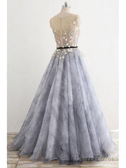 A-Line Gray Rround Neck Tulle Long Prom Dress Grey Evening Dress,