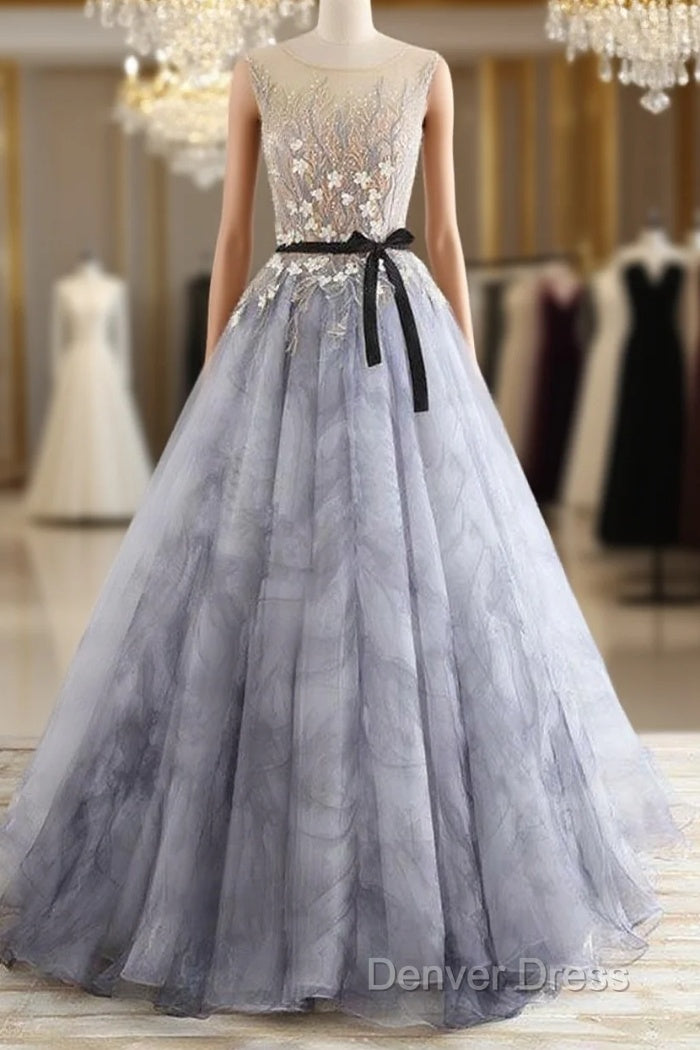 A-Line Gray Rround Neck Tulle Long Prom Dresses Grey Evening Dresses, Main image