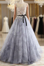 A Line Gray Rround Neck Tulle Long Prom Dress Grey Prom Dresses