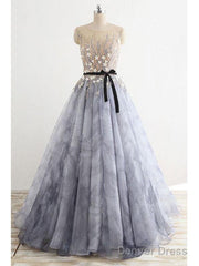 A-Line Gray Rround Neck Tulle Long Prom Dress Grey Evening Dress,