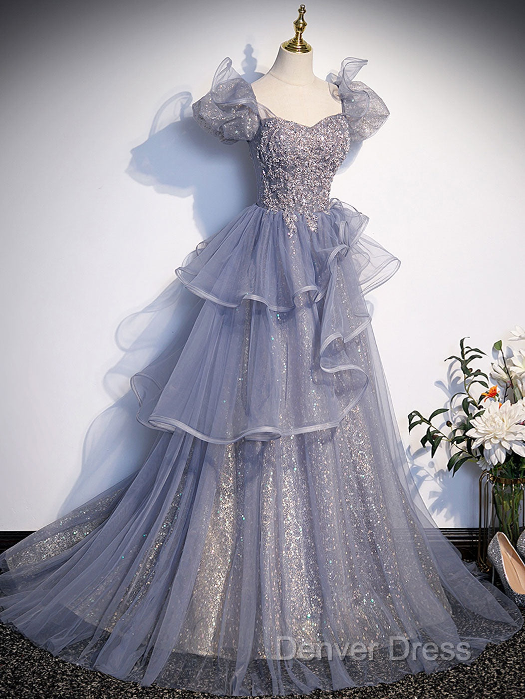 A-Line Gray Sequin Long Prom Dresses, Sequin Tulle Formal Evening Dresses Secondary image