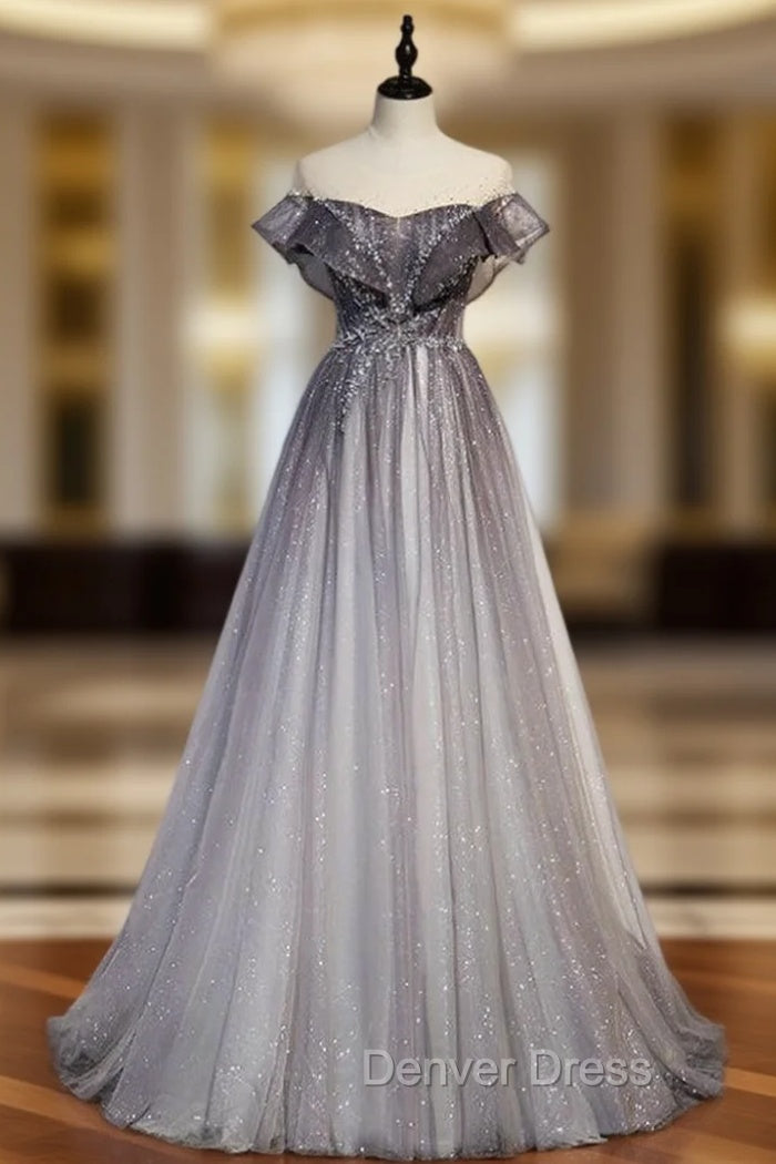 A-Line Gray Tulle Beading Cap Sleeve Prom Dresses Main image