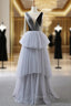 A-Line Gray Tulle Black Velvet Bateau Backless Prom Dresses