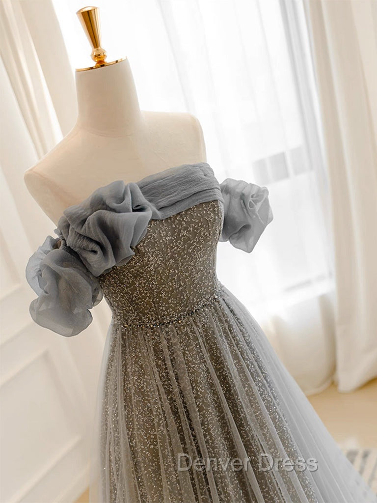 A-Line Gray Tulle Sequin Long Prom Dresses, Gray Long Formal Dresses Secondary image