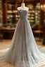 A-Line Gray Tulle Sequin Long Prom Dresses, Gray Long Formal Dresses