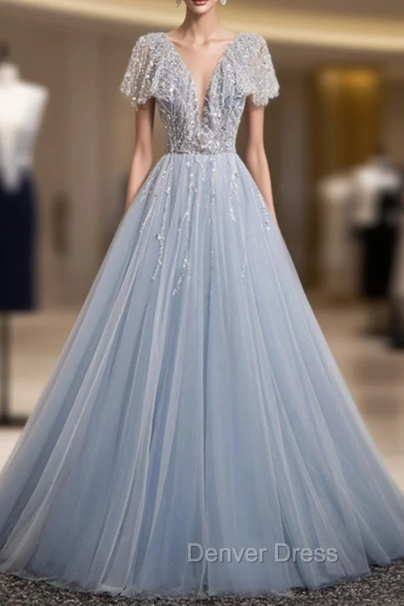 A-Line Gray Tulle Sequins Prom Dresses Main image