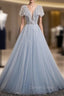 A-Line Gray Tulle Sequins Prom Dresses