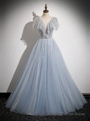 A-Line Gray Tulle Sequins Prom Dress