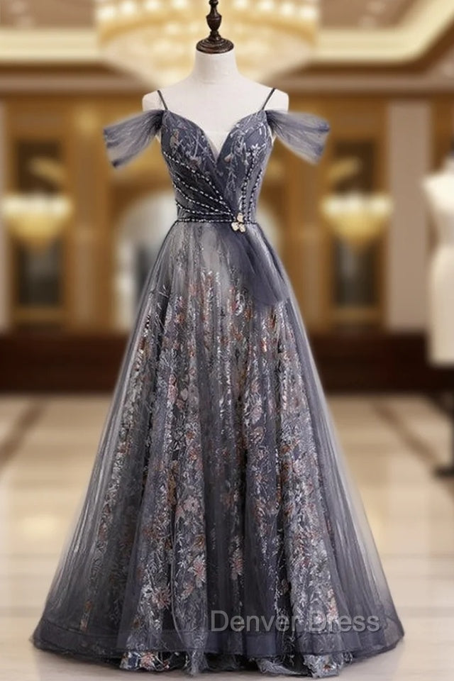 A-Line Gray Tulle Sequins Spaghetti Straps Prom Dresses