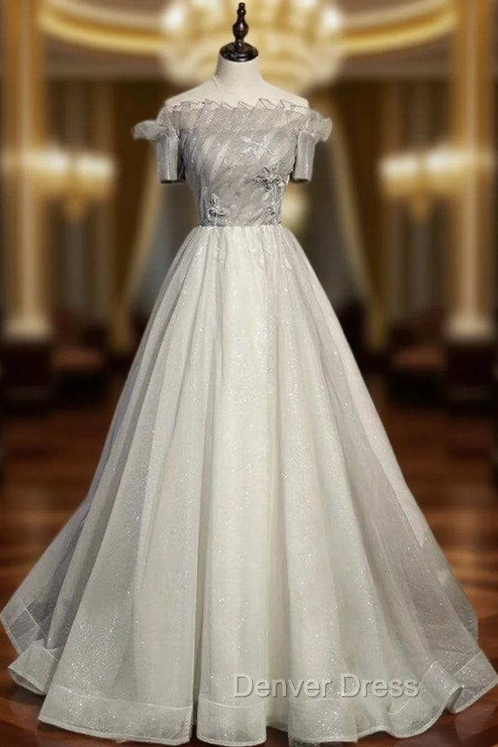 A-Line Gray Tulle Short Sleeve Beading Prom Dresses Main image