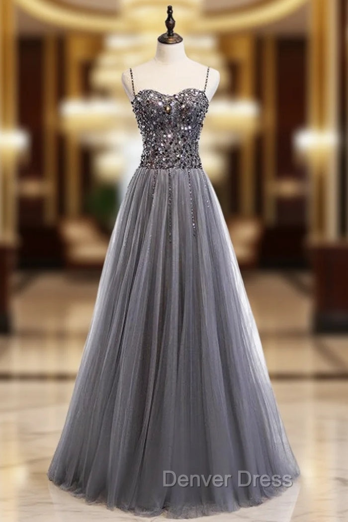 A-Line Gray Tulle Spagehtti Straps Sequins Prom Dresses Main image