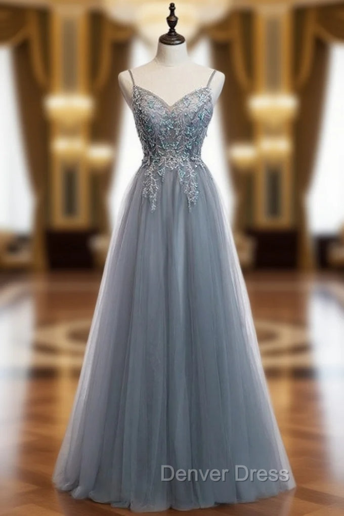 A-Line Gray Tulle Spaghetti Straps Sequins Prom Dresses