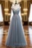 A-Line Gray Tulle Spaghetti Straps Sequins Prom Dresses