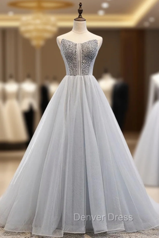 A-Line Gray Tulle Sweetheart Beading Prom Dresses Main image