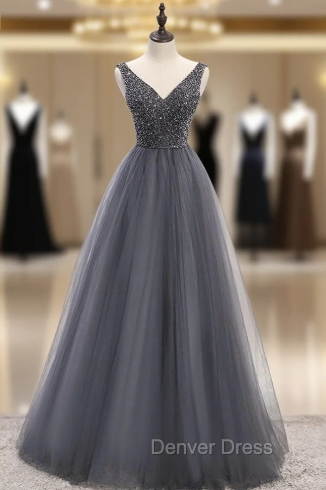 A-Line Gray Tulle V-neck Backless Beading Prom Dresses