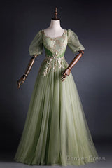 A Line Green Applique Prom Dress Sweet Tulle Birthday Party Dress