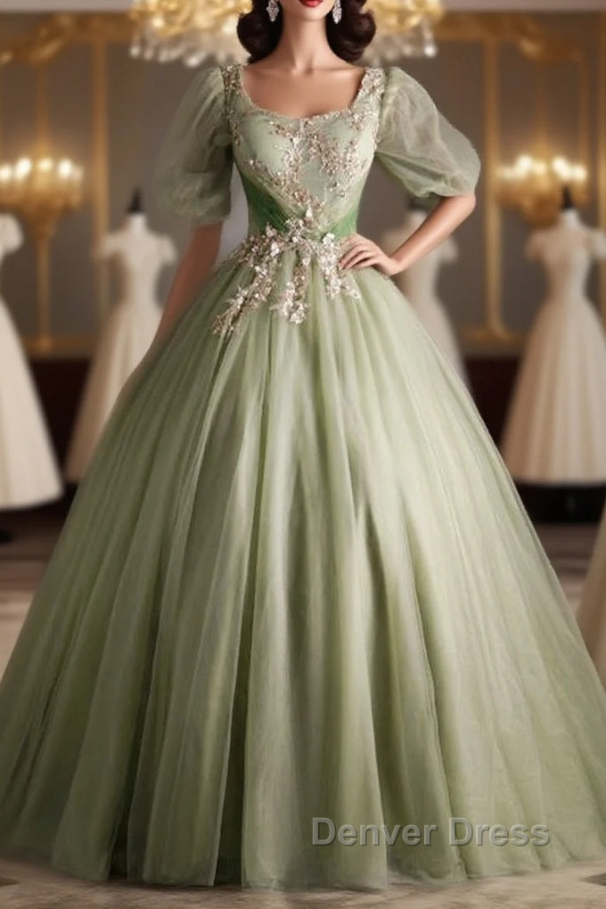 A Line Green Applique Prom Dresses Sweet Tulle Birthday Party Dresses Main image