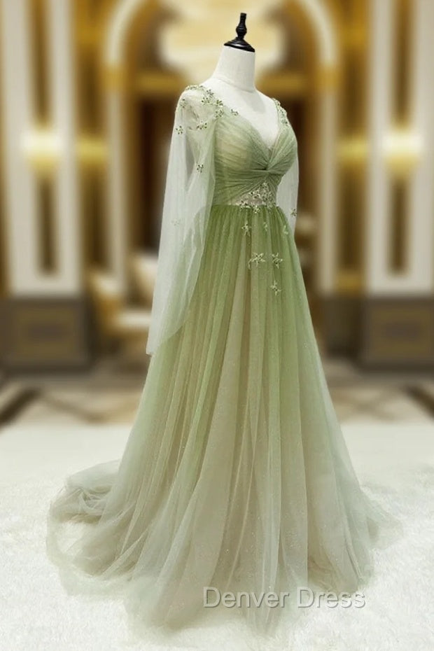 A-line Green Gradient Puffy Sleeves Tulle Long Party Dresses, Green Long Prom Dresses Main image