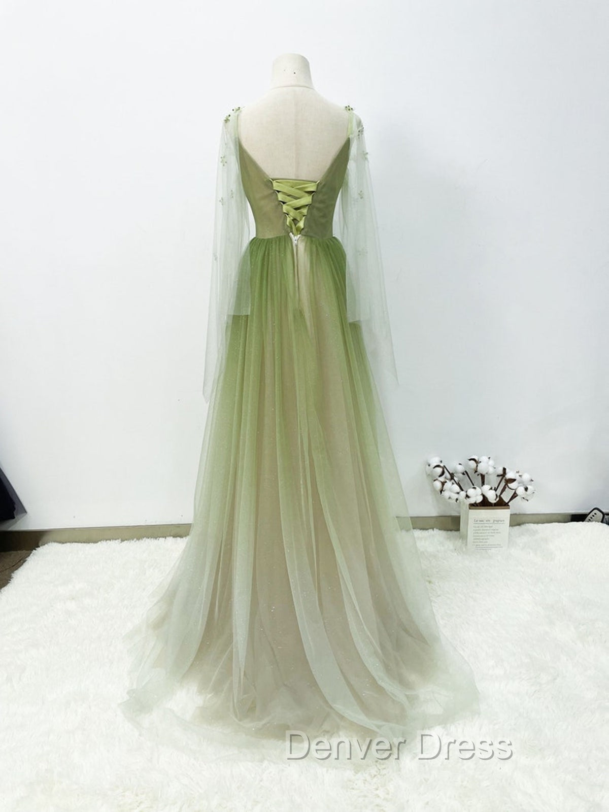 A-line Green Gradient Puffy Sleeves Tulle Long Party Dresses, Green Long Prom Dresses