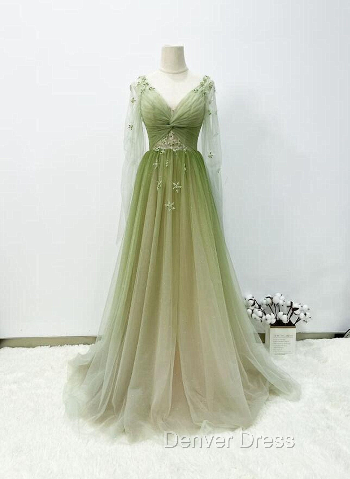 A-line Green Gradient Puffy Sleeves Tulle Long Party Dresses, Green Long Prom Dresses