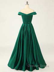 A-Line Green Off Shoulder Long Prom Dresses, Green Formal Evening Dresses