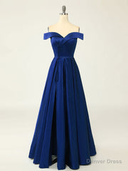 A-Line Green Off Shoulder Long Prom Dresses, Green Formal Evening Dresses