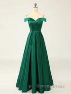 A-Line Green Off Shoulder Long Prom Dresses, Green Formal Evening Dresses