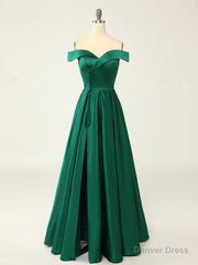 A-Line Green Off Shoulder Long Prom Dresses, Green Formal Evening Dresses