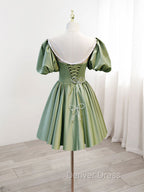 A-Line Green Puffy Sleeve Satin Short Prom Dresses, Green Short Formal Dresses