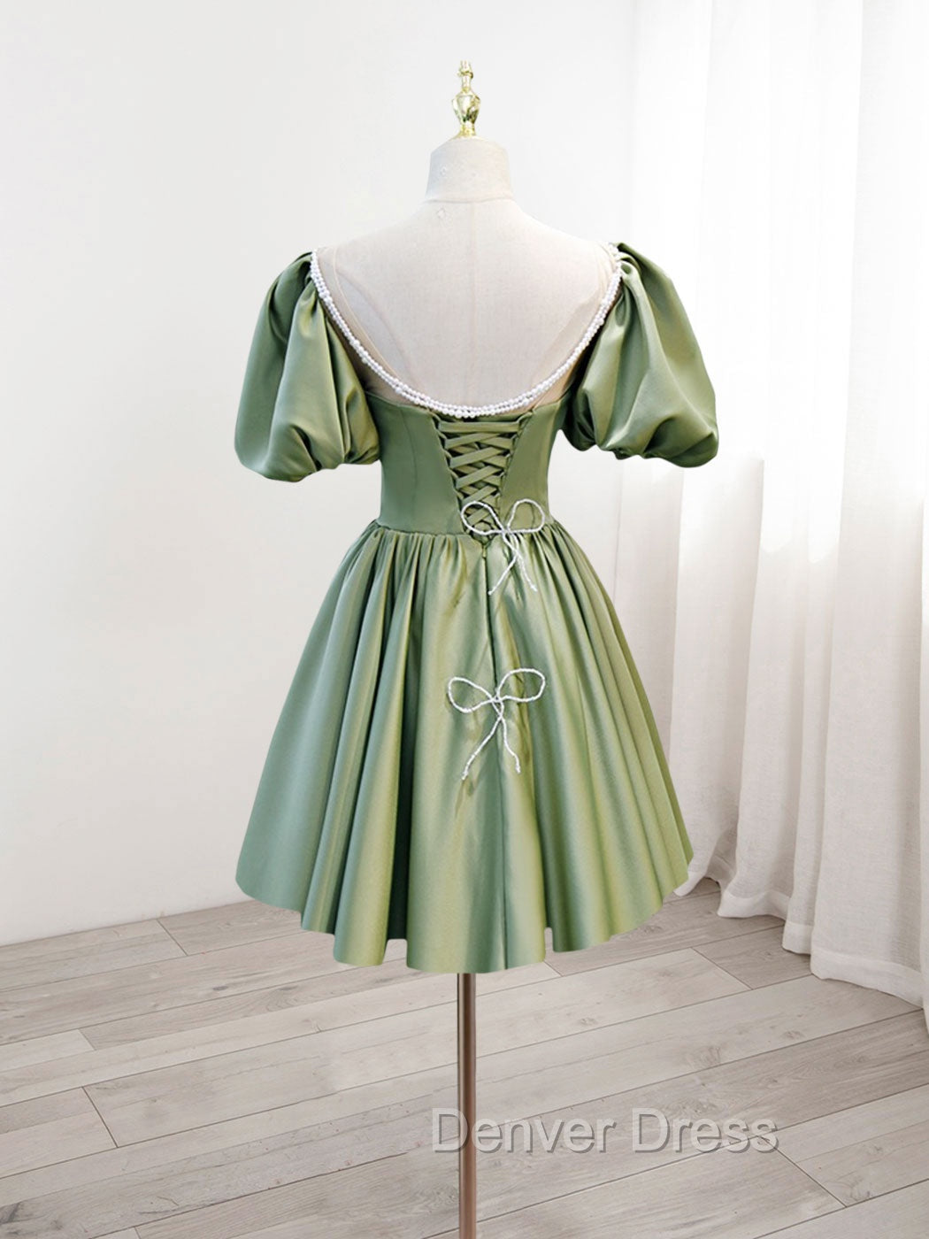 A-Line Green Puffy Sleeve Satin Short Prom Dresses, Green Short Formal Dresses