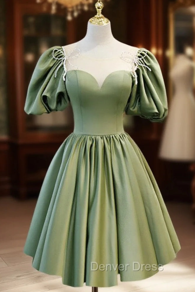 A-Line Green Puffy Sleeve Satin Short Prom Dresses, Green Short Formal Dresses Main image