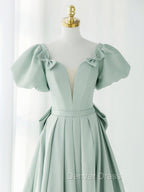 A-Line Green Puffy Sleeve Short Prom Dresses, Green Formal Dresses