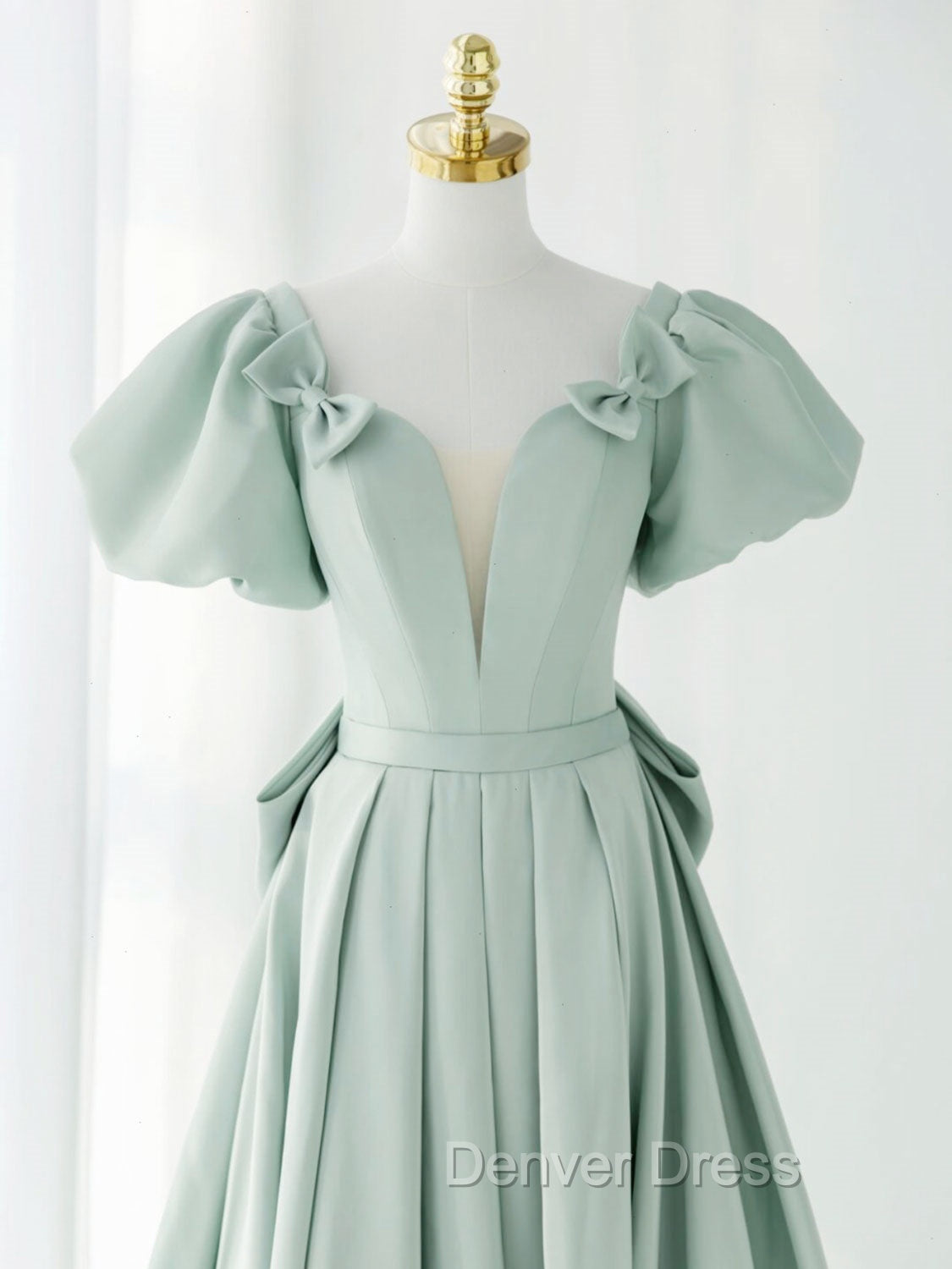 A-Line Green Puffy Sleeve Short Prom Dresses, Green Formal Dresses