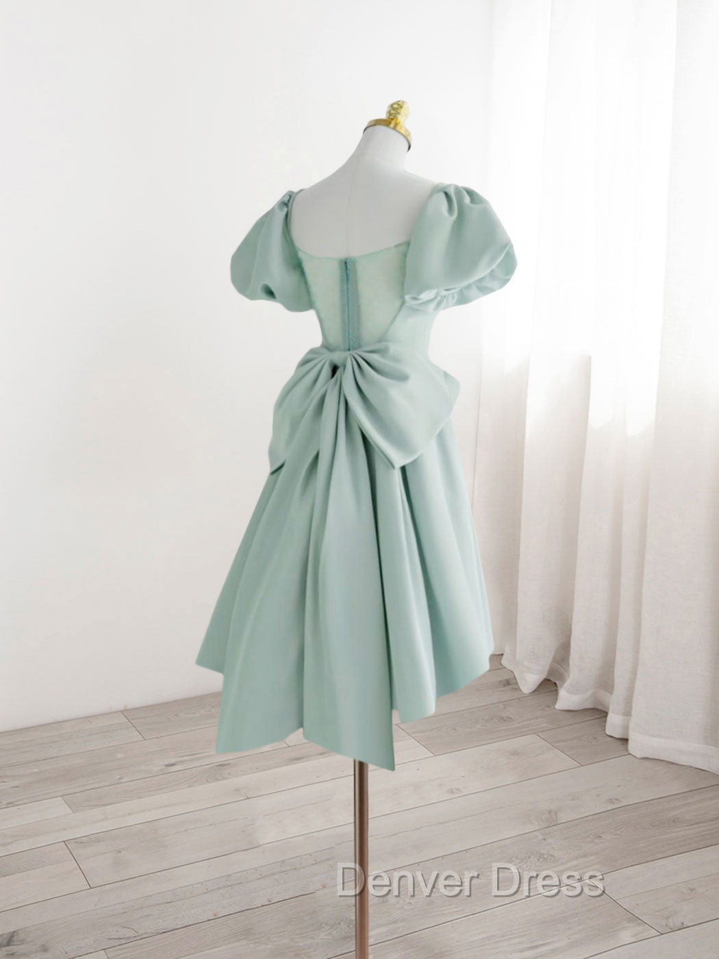 A-Line Green Puffy Sleeve Short Prom Dresses, Green Formal Dresses Secondary image