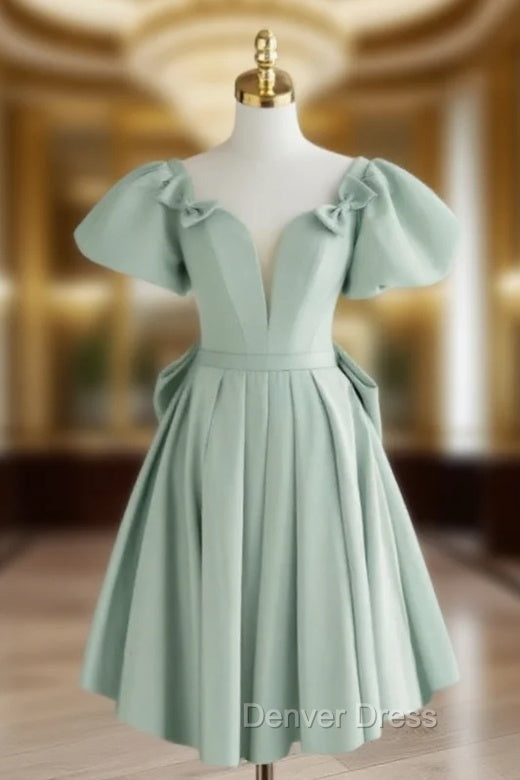 A-Line Green Puffy Sleeve Short Prom Dresses, Green Formal Dresses Main image