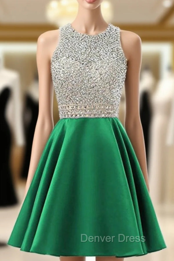 A-Line Green Satin Backless Beading Sequins Homecoming Dresses Main image