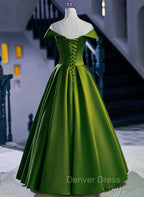 A Line Green Satin Floor Length Prom Dress, Green Long Prom Dresses