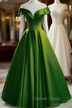 A Line Green Satin Floor Length Prom Dress, Green Long Prom Dresses