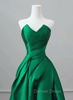 A-line Green Satin Lace-up Floor Length Party Dresses, Green Satin Prom Dresses