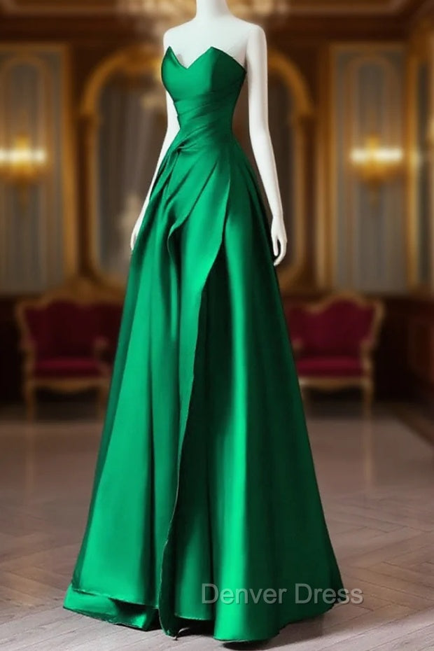 A-line Green Satin Lace-up Floor Length Party Dresses, Green Satin Prom Dresses Main image