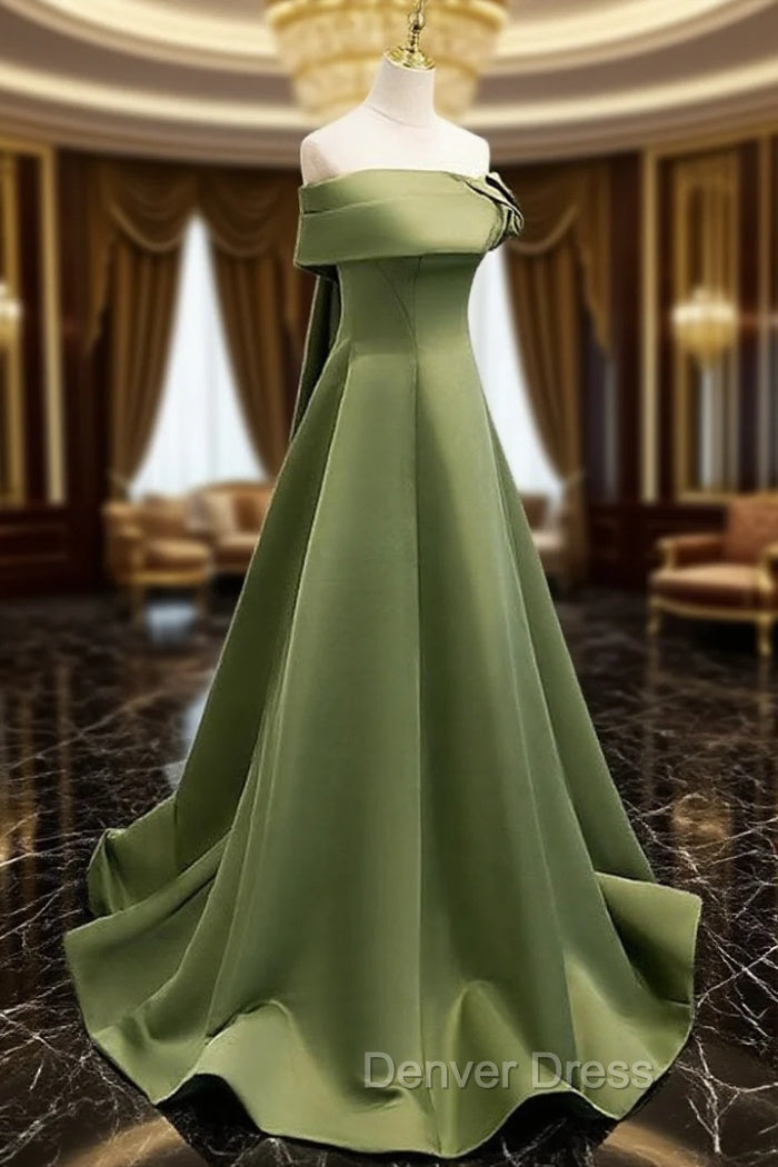 A-line Green Satin Off Shoulder Long Evening Dresses, Green Floor Length Prom Dresses Main image