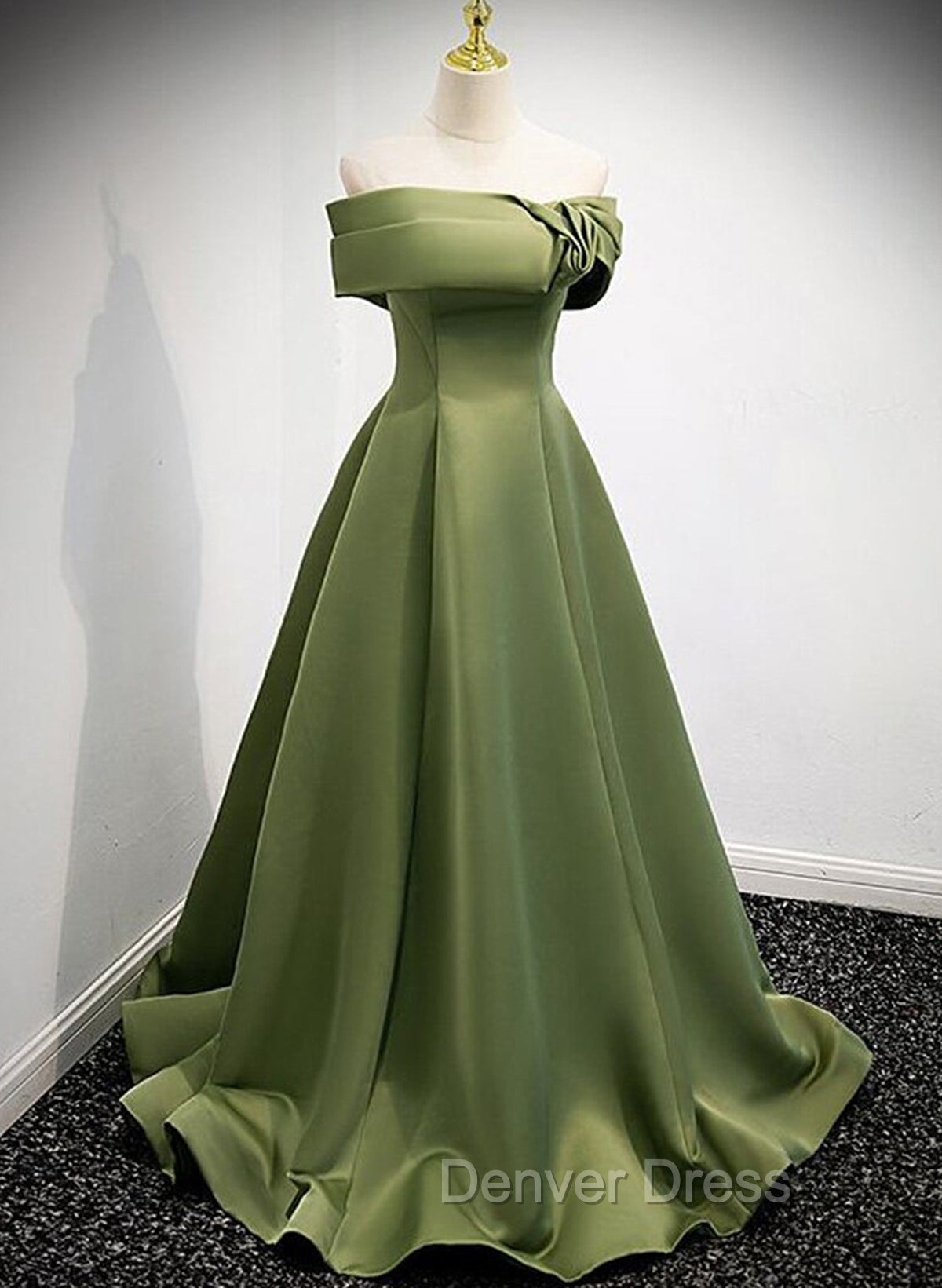 A-line Green Satin Off Shoulder Long Evening Dresses, Green Floor Length Prom Dresses Secondary image