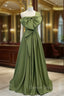 A-Line Green Satin One Shoulder Prom Dresses With Bow
