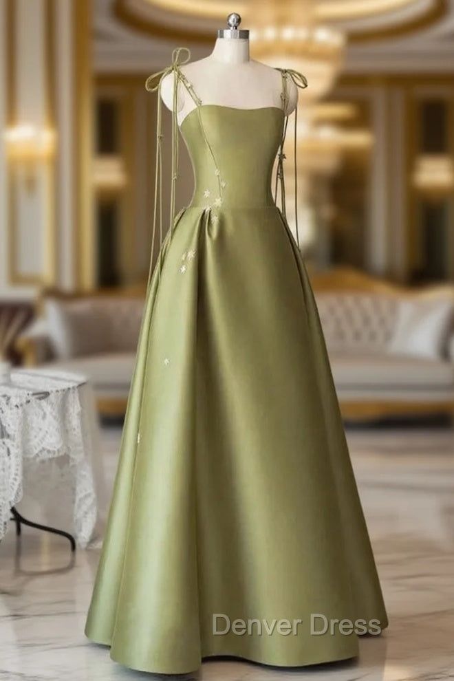 A Line Green Satin Spaghetti Straps Prom Dresses Main image