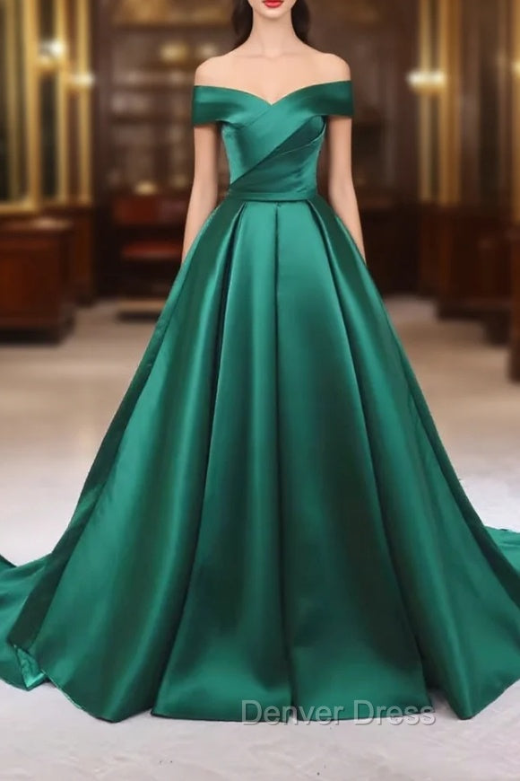 A-line Green Satin Sweetheart Formal Dresses, Green Long Evening Dresses Prom Dresses